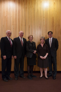 From left to right: Judge Richard Wesley, Chief Judge Dennis Jacobs, Judge Rosemary Pooler, Dean Hannah Arterian, and Professor Keith Bybee